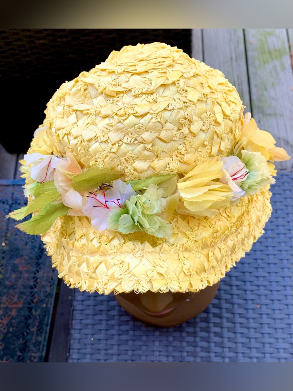 Saks Fifth Avenue Yellow Woven Straw Hat with Ribbon Trim